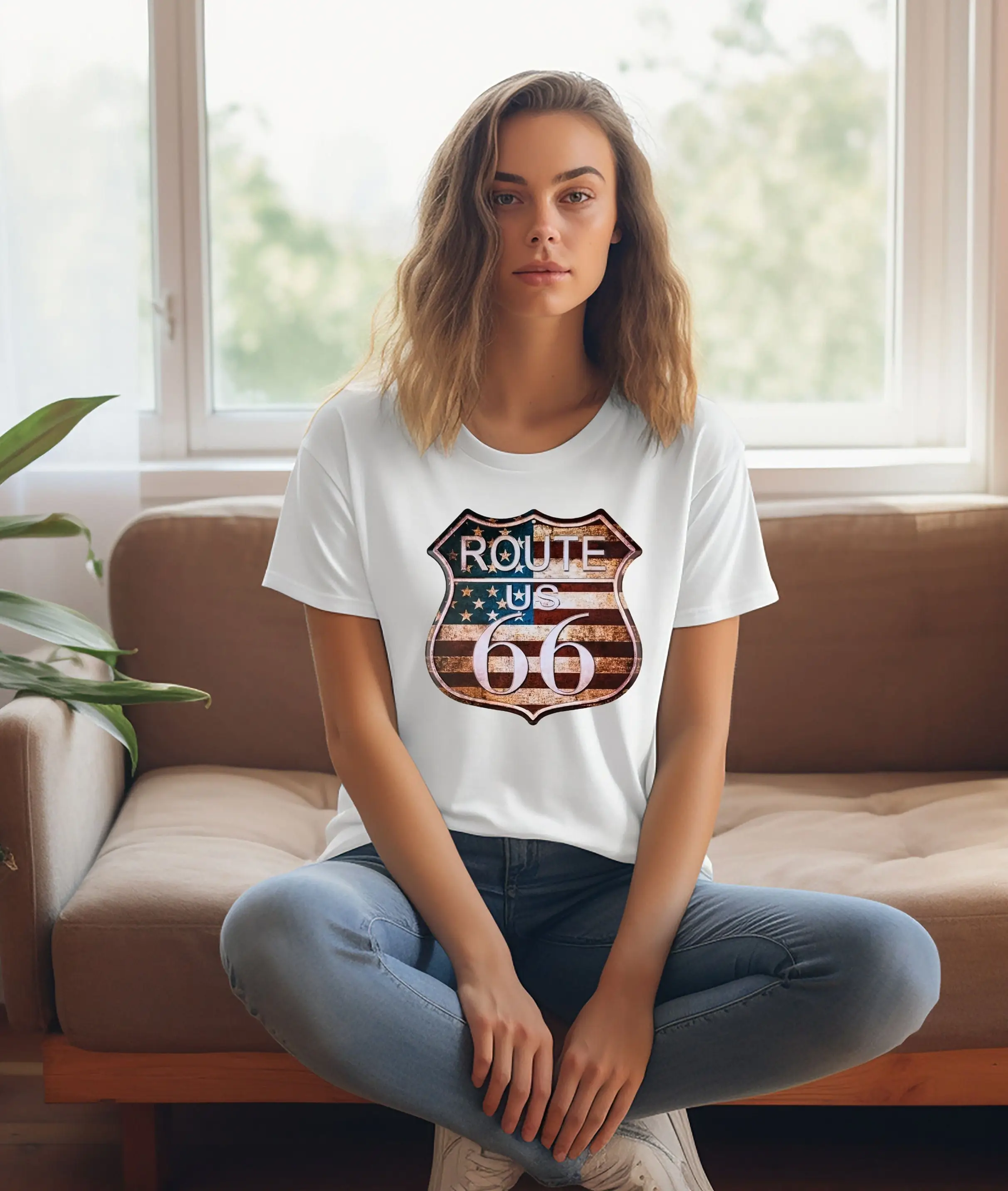 Vintage Route 66 Us Flag T Shirt Rustic Classic American Nostalgic Highway Retro